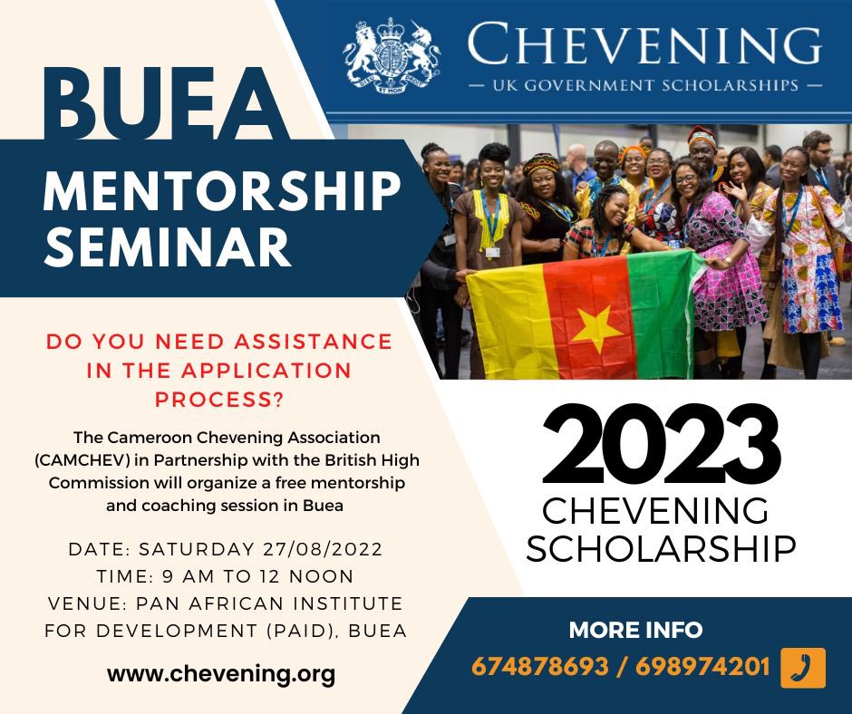 UKinCameroon's tweet photo. Are you interested in the UK #Chevening scholarship 🎓and you need some useful tips on how to complete your application? 

Join @Camchev237 team on 27 Aug in #Buea .

https://t.co/i4JVCcCPqv https://t.co/l3l8G15XxG