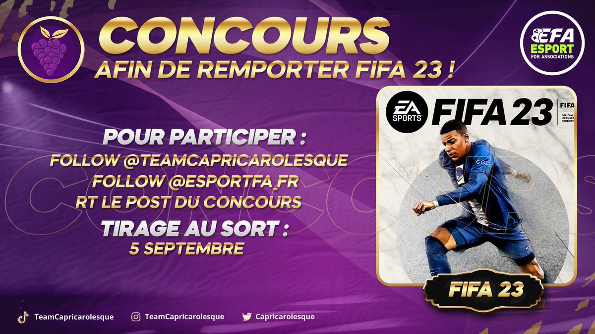eSportFA_FR's tweet image. 🎁 𝑪𝑶𝑵𝑪𝑶𝑼𝑹𝑺 

À l'occasion de la sortie de #FIFA23 nous vous proposons un #Concours !😍

➡️Tentez de gagner  #FIFA23 ! 🙌

1⃣ RT le tweet du #Concours
2⃣ Follow @EsportFA_FR et @Capricarolesque 

🎲TAS 05/09

#ESPORTFA23 #Giveaway