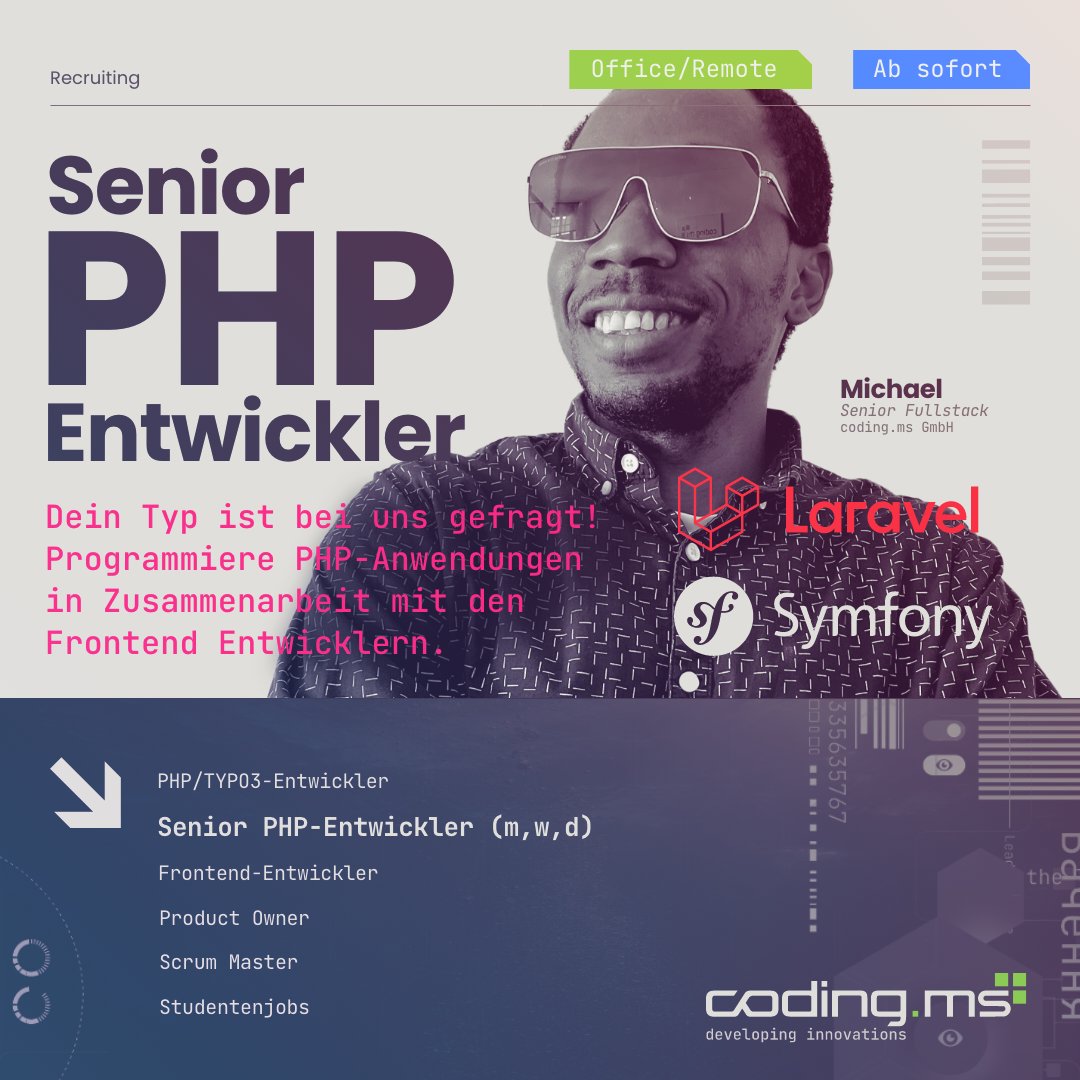 codingms's tweet image. 𝗪𝗶𝗿 𝘀𝘂𝗰𝗵𝗲𝗻 𝗦𝗲𝗻𝗶𝗼𝗿-𝗣𝗛𝗣-𝗘𝗻𝘁𝘄𝗶𝗰𝗸𝗹𝗲𝗿 (𝗺/𝘄/𝗱)
Du hast Lust mit Symfony, Web-Projekte zu entwickeln und mit Frontend-Dev's unsere Büro-Symphonie zu vollenden? 
👉 coding.ms/job/senior-php…
#codingms #innomago #recruiting #phpentwickler #symfony #laravel