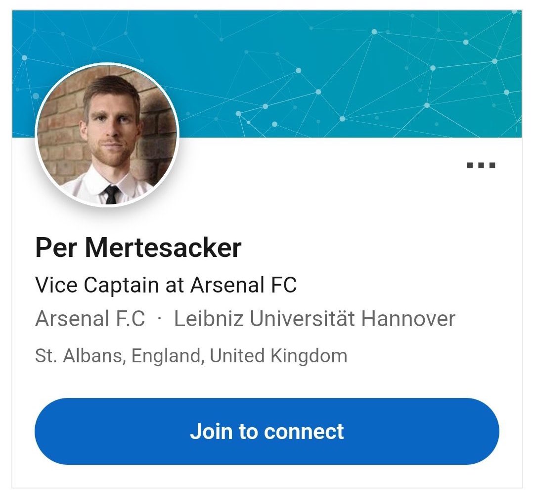 afcstuff's tweet photo. Former Arsenal captain Per Mertesacker’s LinkedIn page.

“Once fined Nacho Monreal £10k for wearing a poncho on match day.”

😂😂 @mertesacker @_nachomonreal https://t.co/wWCkyhFdjI