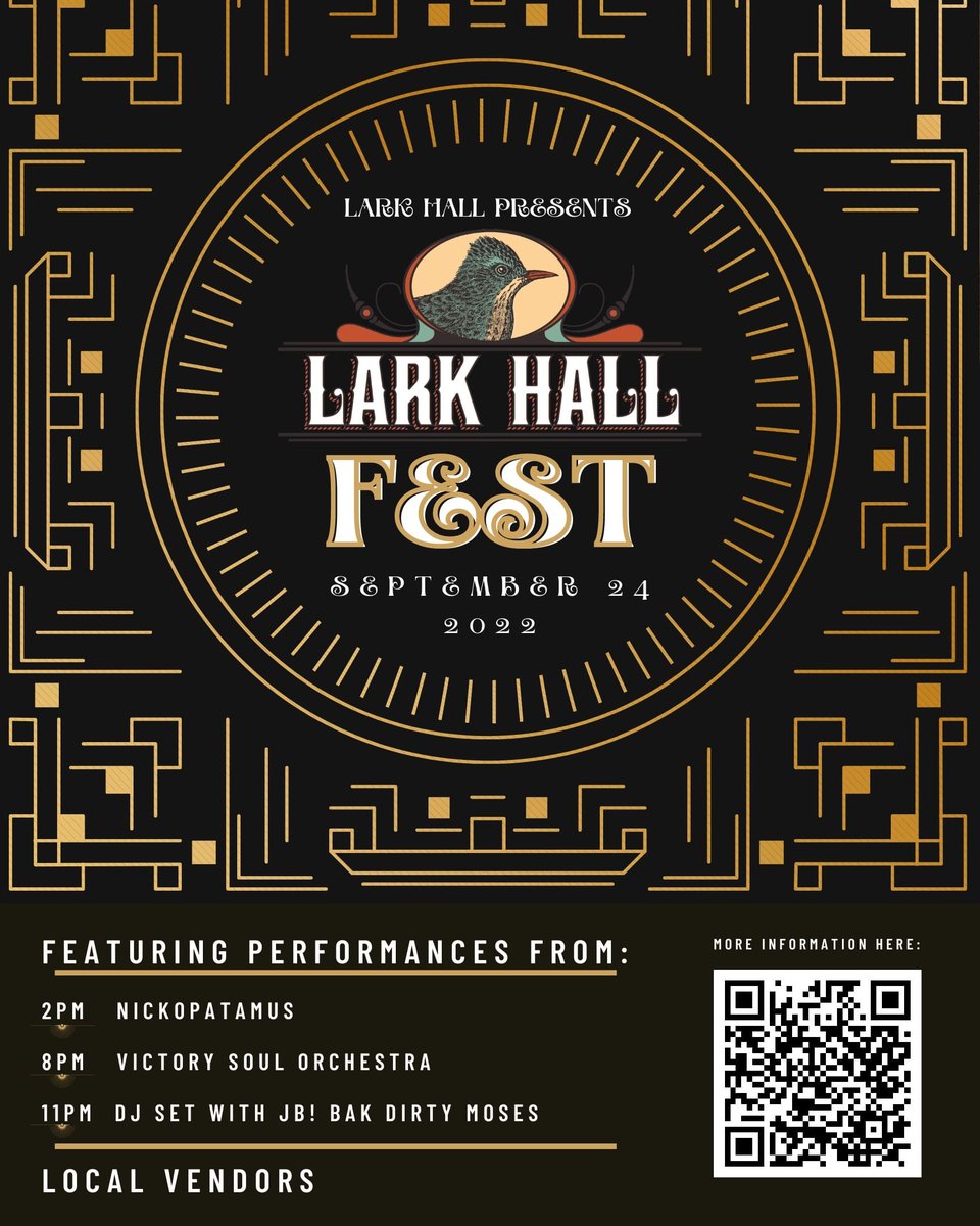 September 24th is Lark Hall Fest featuring music from Nickopotamus Victory Soul Orchestra and a late night DJ Set from JB! Bak Dirty Moses, as well as tons of local vendors!

Day passes are available at LarkHallAlbany.com