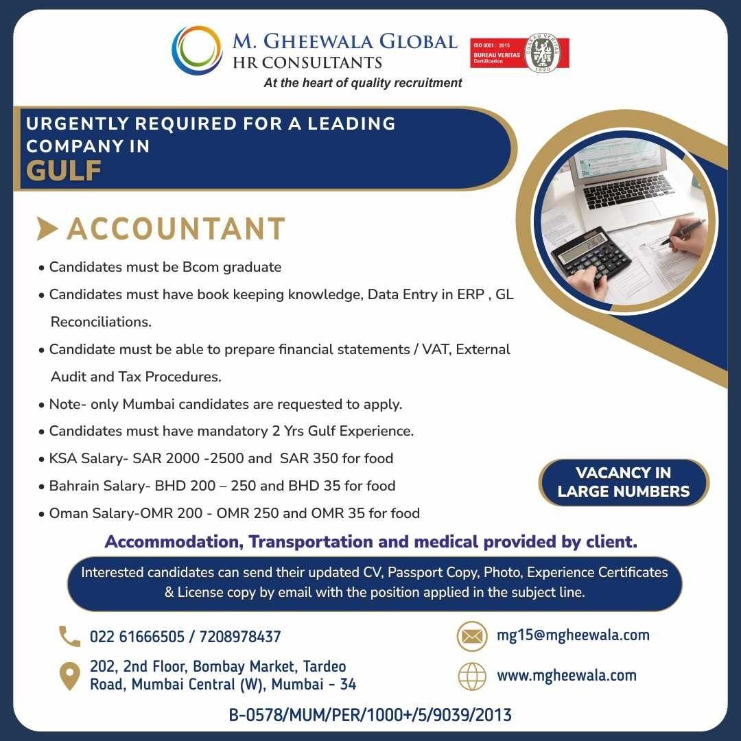 mgheewala_hrc's tweet photo. Job Vacancies for #Gulf
Interested Candidates can send the updated resume to mg15@mgheewala.com
Learn More https://t.co/Ps4bxv2mB1
#accounting #accountant #accountsindustry #dataentry #dataentryjob #erpexperience #reconciliations #financialanalyser #taxprocedure #auditor https://t.co/ibWiiTchCe