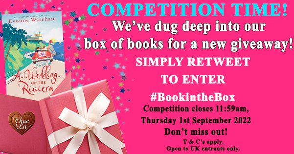ChocLituk's tweet photo. The perfect #prize for wedding season in this week's #competition! A Wedding on the Riviera by @evonnewareham is our chosen book today. RT with the #BookintheBox hashtag for a chance to #win. T&amp;Cs apply. Open to UK entrants only. Closes 11:59 am, 01/09/2022. https://t.co/qe7ze5Mxt5