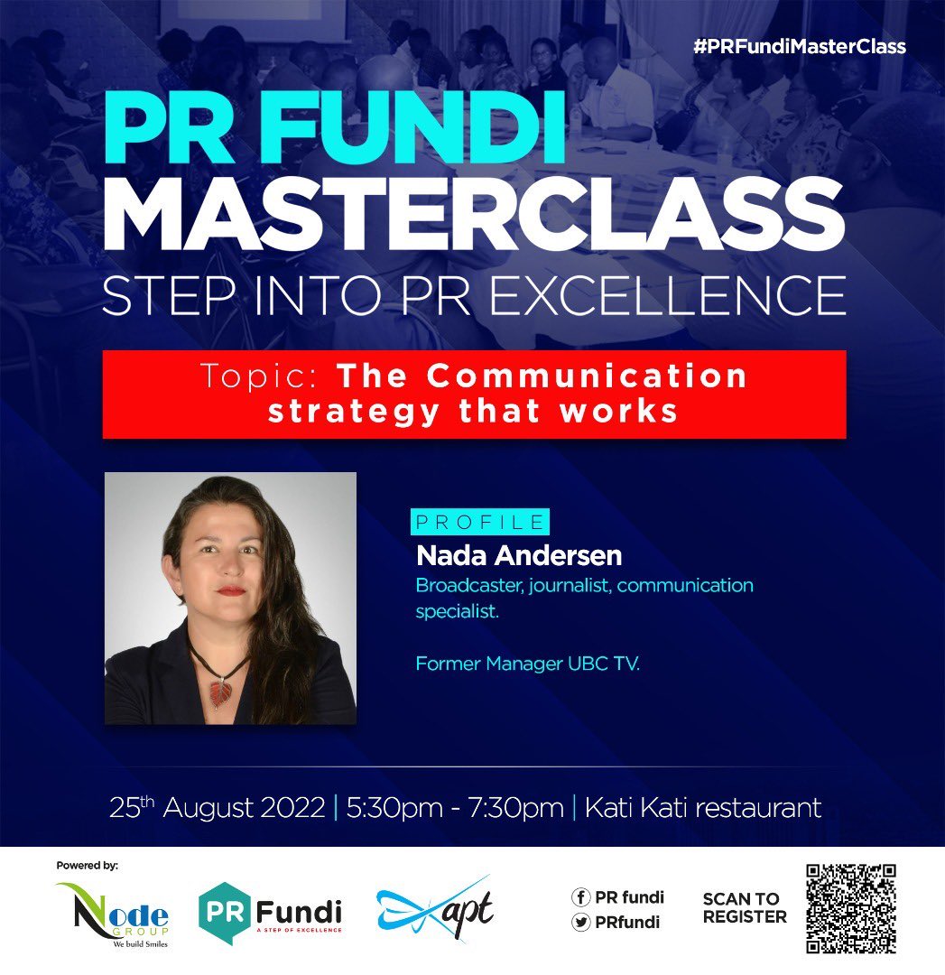 Rachealkyy's tweet photo. Don’t miss  @NadaAndersen today at #PRFundiMasterClass 
She is a broadcaster, journalist, communication specialist and former Manager UBC TV. In addition she is Advertising, PR, and media consultant.

Topic: The Communication Strategy that works https://t.co/y3fP7aUeK0