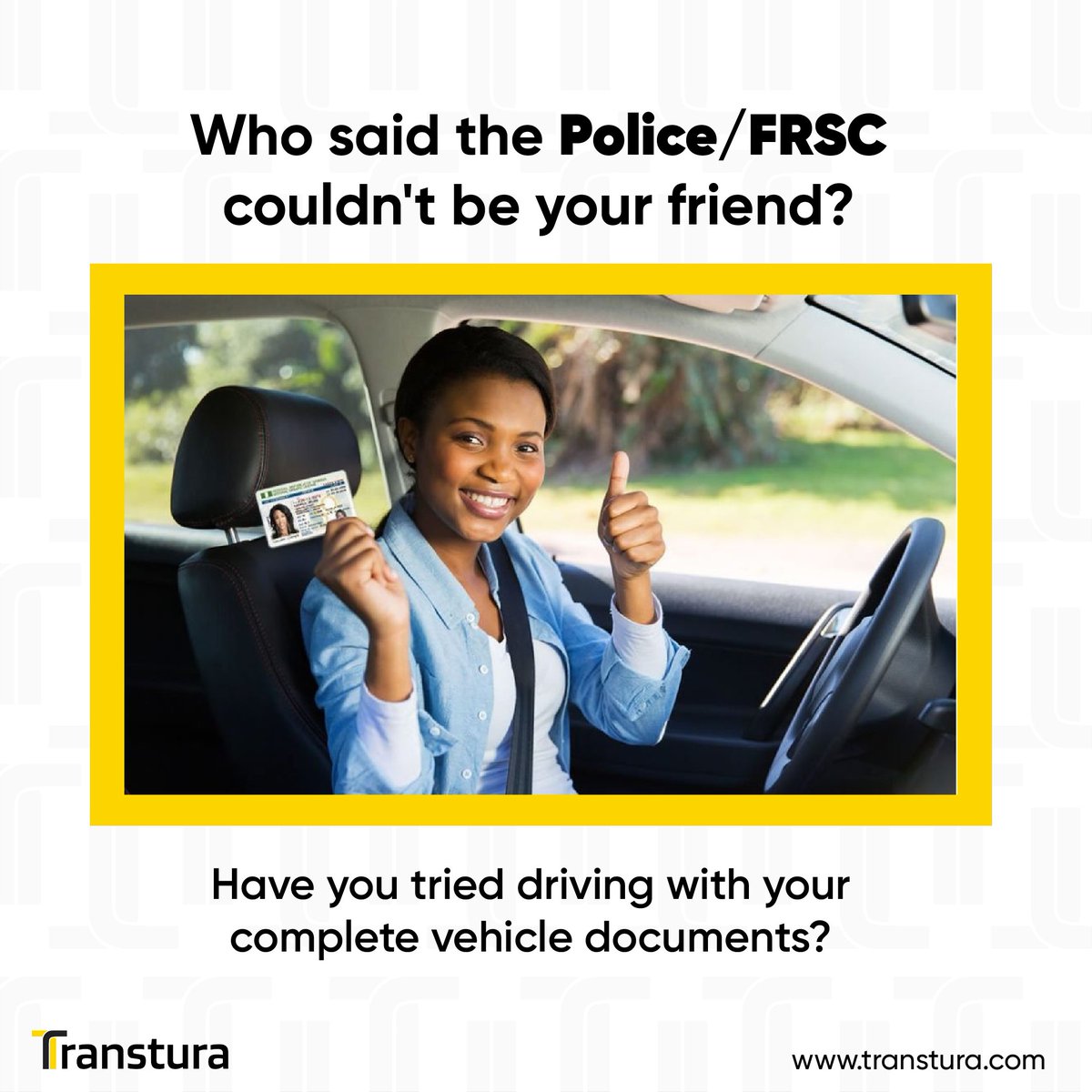 transtura's tweet photo. The police and FRSC officials can genuinely be your friends when you abide by all the road use regulations. Start by making sure all your vehicle documents are complete and up to date 🤗🤗🤗
#autoinsurance #cardocuments #autolicense
#BNXN
#Lekki https://t.co/AuXEsQQxrW