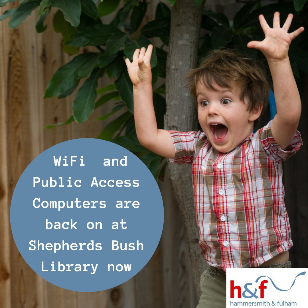 LBHFLibraries's tweet photo. Good news!

Our WiFi and Public Access Computers are back on earlier than expected in Shepherds Bush Library.😊

#publiclibraries #welovelibraries #publicWiFi #shepherdsbushlibrary https://t.co/y2LtM40NEd