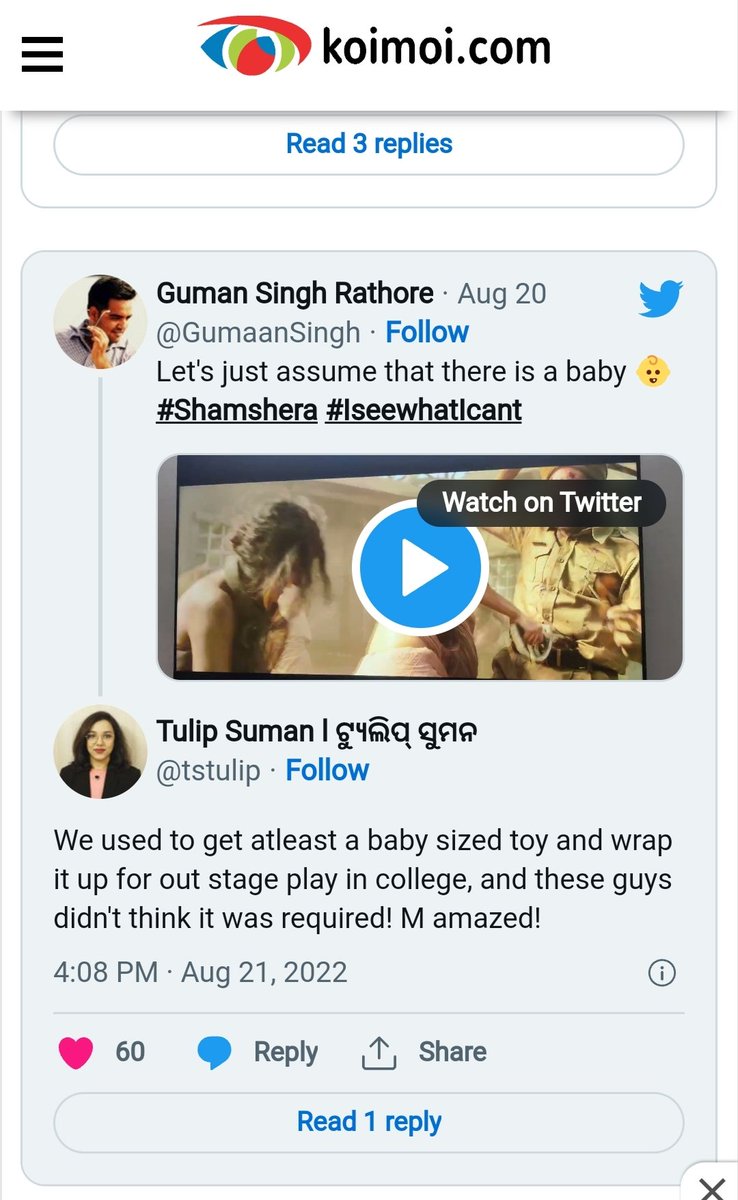 tstulip's tweet photo. My tweet abt the #babygoofup in the #movie #Shamshera also got featured in @EconomicTimes @News24France @Koimoi #menxp @MashableIndia @IndianExpress @ScoopWhoop and @ndtv  😁😁😁
#tulipsuman #shatadal #tuliptweets https://t.co/ubYohLJXbr
