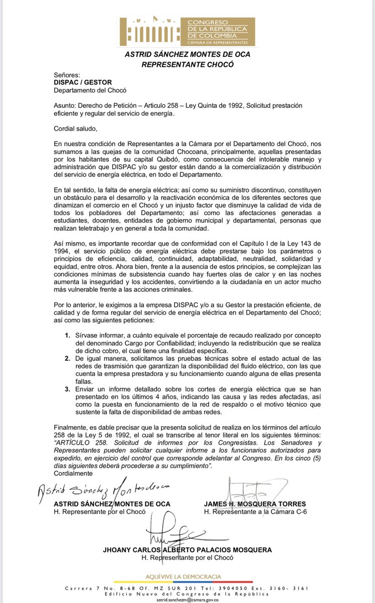 AstridSanchezM's tweet photo. #Dispac
Consecuentes con el compromiso adquirido, los representantes por el departamento del Chocó, exigen a la empresa Dispac Comunica, un informe preciso sobre los constantes cortes en el servicio de energía.
#UnidosParaAvanzar https://t.co/SeSSblrf29