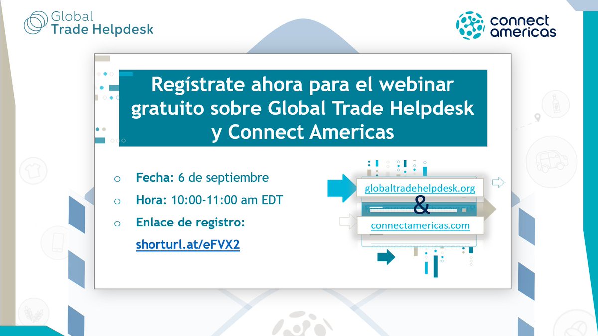 ITC_MktAnalysis's tweet photo. 🙌 Seminario web gratuito sobre el Global Trade Helpdesk

Descubra un mundo de oportunidades comerciales en un solo lugar, con información detallada sobre las importaciones, la dinámica del mercado, los aranceles y mucho más!

📆06/09/'22 a las 10am EDT
📝https://t.co/HJhYy0ZbwC https://t.co/eW1JYoIuO2