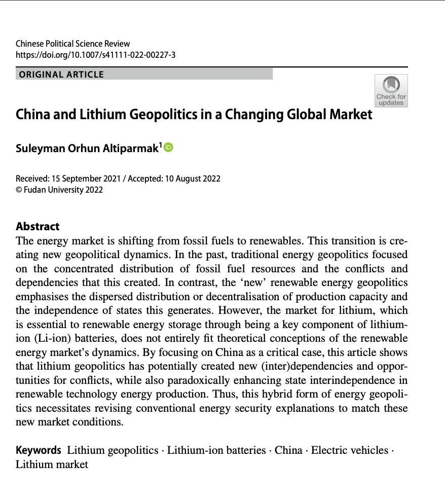 My new paper is out in Chinese Political Science Review:

"China and Lithium Geopolitics in a Changing Global Market"

link.springer.com/article/10.100…