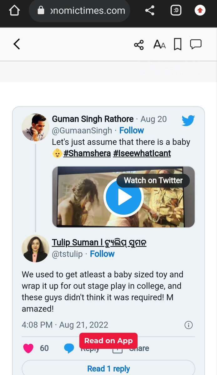 tstulip's tweet photo. My tweet abt the #babygoofup in the #movie #Shamshera also got featured in @EconomicTimes @News24France @Koimoi #menxp @MashableIndia @IndianExpress @ScoopWhoop and @ndtv  😁😁😁
#tulipsuman #shatadal #tuliptweets https://t.co/ubYohLJXbr