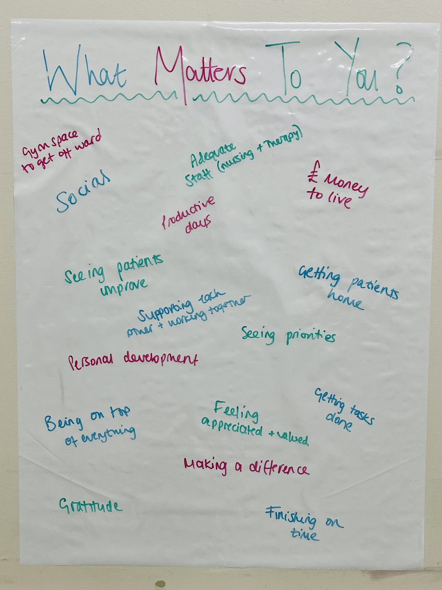 Jacquih0lmes's tweet photo. The ‘What Matters To You?’ Question. What gets you up in the morning? What makes a good day at work? What promotes a happier working life? Here are a few comments from asking my Therapy team in Health Care of Older People #hcop #healthcareofolderpeople #nhselect #happierworking https://t.co/V2DEkSlxXr
