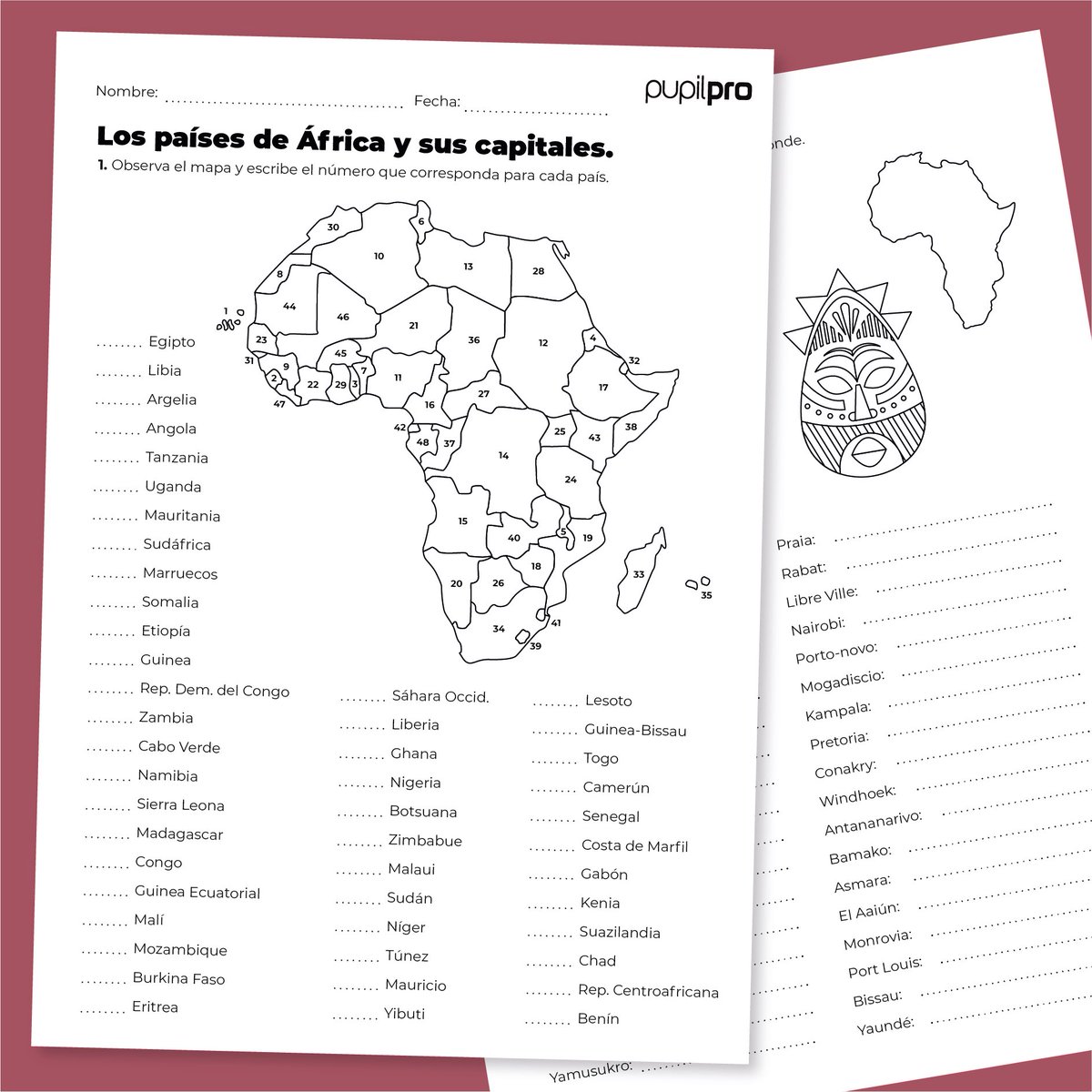 África es uno de los cinco continentes🌍, el más extenso después de Asia🌏 y de América🌎. En @pupilpro teníamos la curiosidad de diseñar una ficha para la #educación👨🏻‍🏫👩🏻‍🏫que sirviese para averiguar cada uno de sus países y sus capitales. ¡Descárgala!👉🏻bit.ly/3PNCMdl