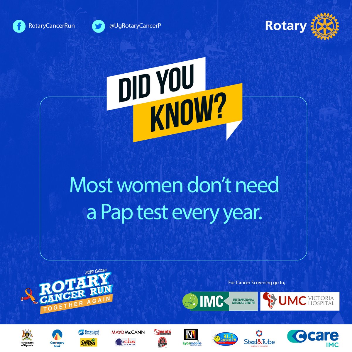 CentenaryBank's tweet photo. Did you know?
Most women don't need a PAP test every year.

Register for the Rotary Cancer Run 2022 today at 25,000shs from any Centenary Bank branch near you.

#RotaryCancerRun22 #TogetherAgain https://t.co/NRiekXjag8