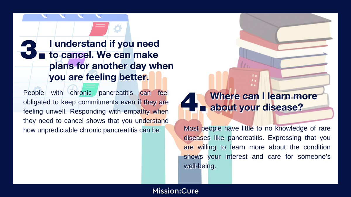 Mission_Cure's tweet photo. If you know someone living with #chronicpancreatitis, you know that it can be difficult to always know what to say to show your support.

Here are 4 things you can say to someone with chronic pancreatitis to make their life a little easier! https://t.co/K4Y7IXbVve