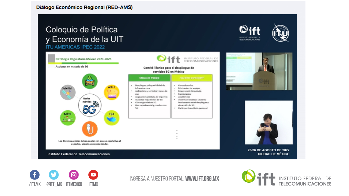 IFT_MX's tweet photo. #Keynote del Comisionado del @IFT_MX, @sdiazg: "Estrategia Regulatoria en México: agenda 2021-2025". Comenta que el @IFT_MX creó el #Comité5G, lo que permitirá la interacción entre el IFT, la industria, la academia, los entes públicos y cualquier persona.
#ITUIPEC
#IPEC2022 https://t.co/D3zp4HZW6k