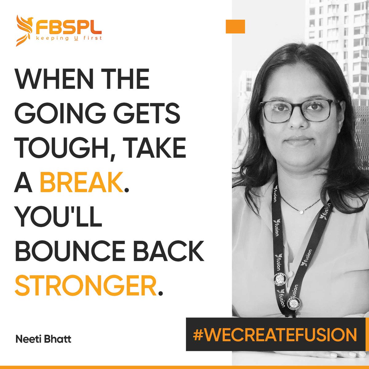 FBSPLTeam's tweet photo. Almost everything will work again if you unplug it for a few minutes, including you. Our HR Manager, Ms. Neeti Bhatt, has always kept this thought first by letting people spread their wings beautifully!

#WeCreateFusion #fbspl #fusionbusiness #keepingufirst #learn #workplace https://t.co/LufLJPD8rx