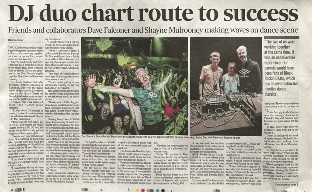 Massive thanks to <a href="/ClareChampion/">The Clare Champion</a> for giving myself and <a href="/shayneMulroone1/">SHAYNE</a> this weeks living feature where we spoke about our support slot with <a href="/DecPierce/">Declan Pierce</a> and our recent gigs in <a href="/QueensNightclub/">Queens Ennis Co Clare</a> and music being released in the coming months 😁😁
