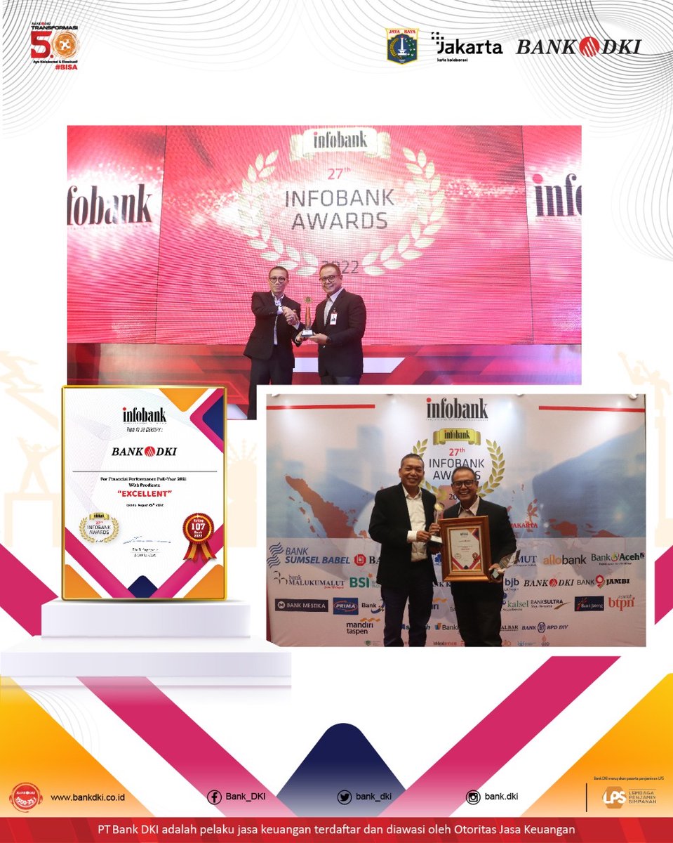 bankjakarta_'s tweet photo. Bank DKI meraih penghargaan 27th Infobank Award 2022. Penghargaan tersebut diterima langsung oleh Direktur Keuangan &amp; Strategi Bank DKI, Romy Wijayanto di Jakarta, (25/08).

Bank DKI, Bisa!

#BankDKI
#BankDKIBisa
#27thInfobankAwards2022
#PemprovDKIJakarta https://t.co/nQM1guIVy8