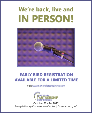 NCWorksConf's tweet photo. The deadline for early registration is September 20th. Log into TRAIN and select the NCWorks Partnership Conference tab to register today. https://t.co/kKfEpE1gaX

See you in October! https://t.co/7zGaXYd4qs