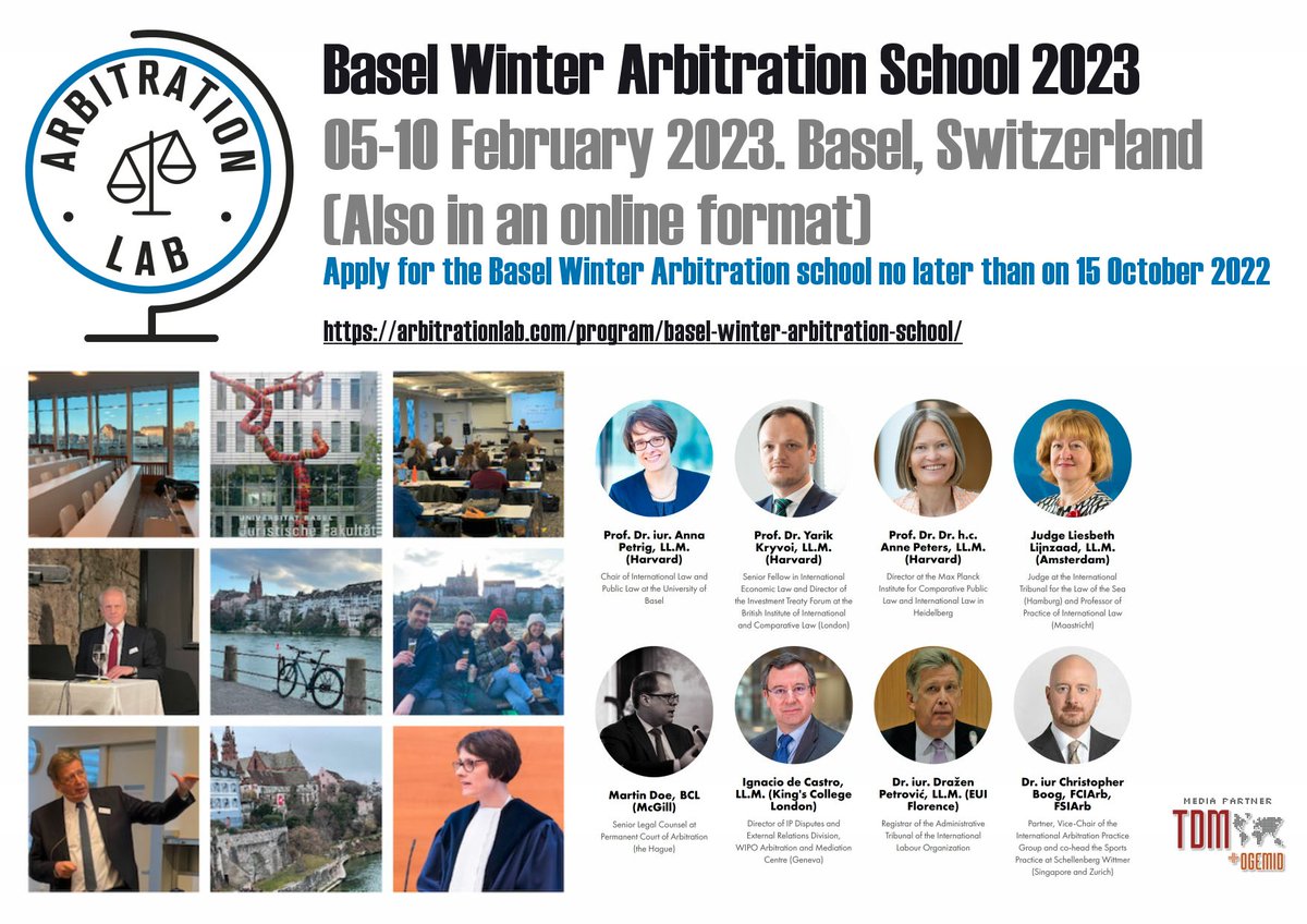 ❄️Basel Winter #Arbitration School 2023
🗓 05-10 February 2023
🌐Basel, Switzerland 🇨🇭
🔗 arbitrationlab.com/program/basel-… @unibasel <a href="/kryvoi/">Prof Yarik Kryvoi</a> 
(Also online)

👉Apply no later than on 15 October 2022