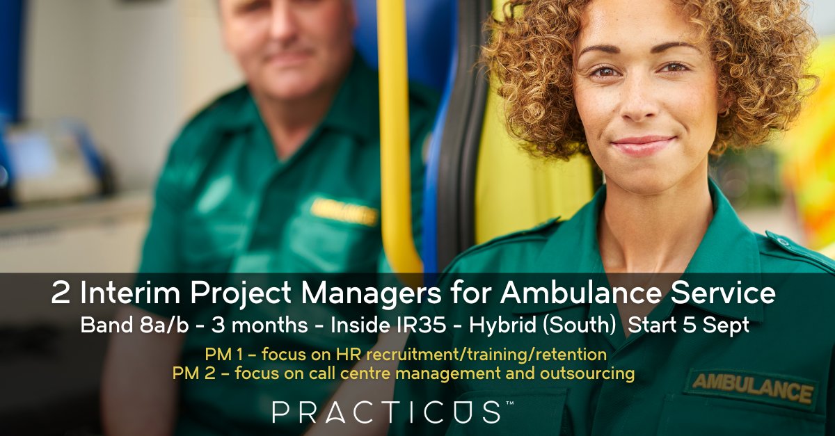 Practicus (@practicusltd) on Twitter photo We are working with an Ambulance Trust to recruit Interim Project Managers as part of a recovery team. It is crucial that these roles are filled with experienced interims. If you'd like to hear more about these roles please contact Ruth: 01491 637482 or ruth.ellis@practicus.com We are working with an Ambulance Trust to recruit Interim Project Managers as part of a recovery team. It is crucial that these roles are filled with experienced interims. If you'd like to hear more about these roles please contact Ruth: 01491 637482 or ruth.ellis@practicus.com
