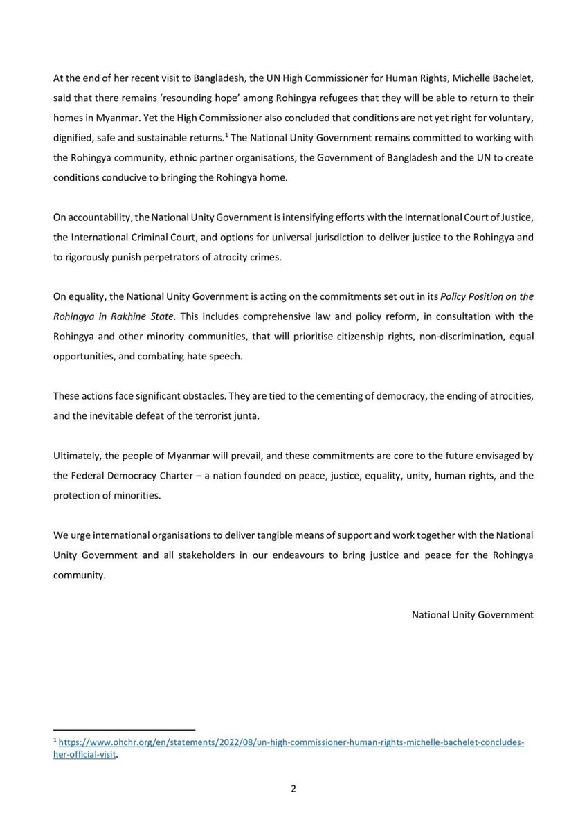 Zin Mar Aung (@zinmaraungnug) on Twitter photo While all our people suffer at the hand of the indiscriminate and genocidal violence of the terrorist junta, we must never forget the particular plight of the Rohingya people. On this 5th anniversary <a href="/NUGMyanmar/">National Unity Government Myanmar</a> commits to bring justice and peace for #Rohingya and all our people. While all our people suffer at the hand of the indiscriminate and genocidal violence of the terrorist junta, we must never forget the particular plight of the Rohingya people. On this 5th anniversary <a href="/NUGMyanmar/">National Unity Government Myanmar</a> commits to bring justice and peace for #Rohingya and all our people.