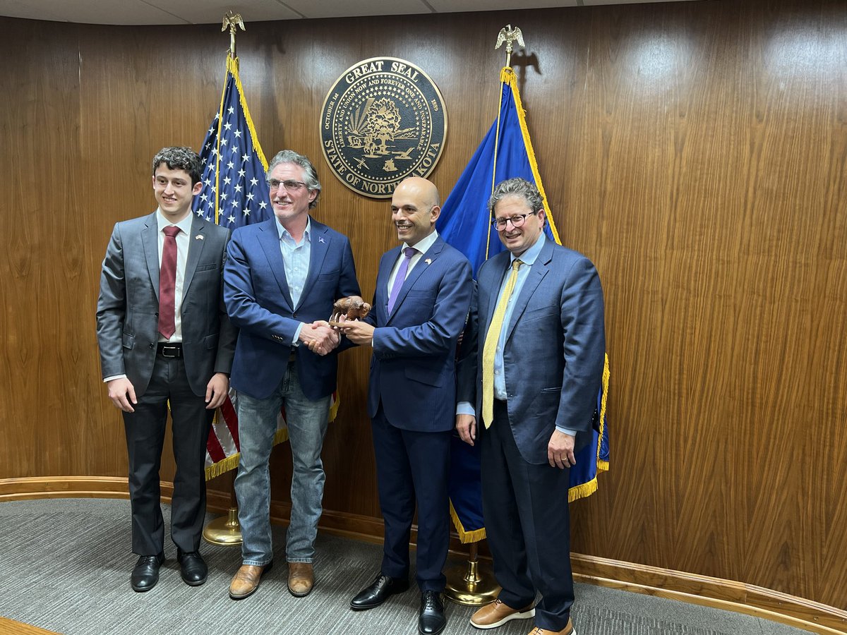 SteveHunegs's tweet photo. Thank you to Gov. Burgum for warmly welcoming Israel’s Consul General (Chicago) Yinam Cohen to Bismarck &amp; for presenting a ceremonial North Dakota bison. https://t.co/3YcxWBxhQI