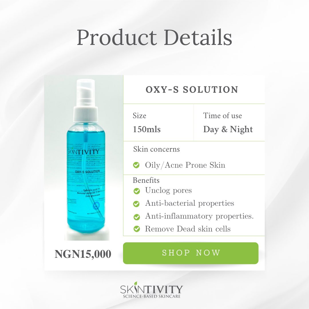 SKiNTIVITY's tweet photo. Introducing Oxy-S Solution; a potent  anti-acne solution that tackles acne formation at several steps to unclog pores, remove dead cells and soothe the skin. Contains 2% salicylic acid, 2.5% benzoyl peroxide and zinc gluconate #skintivityskincare #skincare https://t.co/rcix9pYCkB