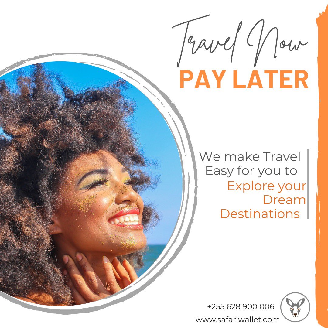 #Travel now and #PayLater with Safari Wallet.
#Travels should be easy, accessible and shouldn’t worry you no more. With #experiences or #bookings worth 500,000 to 3,000,000 Tsh.

Visit: safariwallet.com to #book your #trip 

#safariwallet #PayAfterTravel #PaybyInstallments