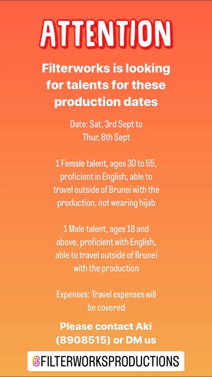 FilterworksProd's tweet photo. Looking for talents for an upcoming shoot outside of Brunei! ✨

If you or anyone is interested, please don’t hesitate to DM us 🔥 https://t.co/aG3ysHRKQG