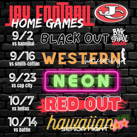 JayPrideFB's tweet photo. Hey #JayNation‼️ We can’t wait to see you at Adkins Stadium! #TraditionIsCalling
@jchs_cheer_ @JCJaybirds @JC_Activities @JeffCityStuco @jaysdanceteam @JayBandStudents @jaypridealive https://t.co/vkxtGHmGyC