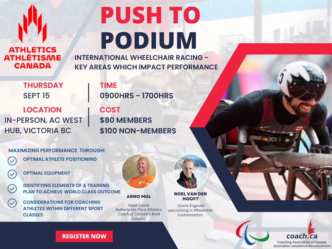 PUSH TO PODIUM🔥

Join world-renowned coach <a href="/arnomul/">Arno JG Mul</a> (who coaches <a href="/BrentLak/">Brent Lakatos</a>), and sport engineer Roel van der Hooft at Athletics Canada’s West Hub for a session on International-level wheelchair racing.

DATE: September 15

INFO + REGISTRATION
trackie.com/online-registr…