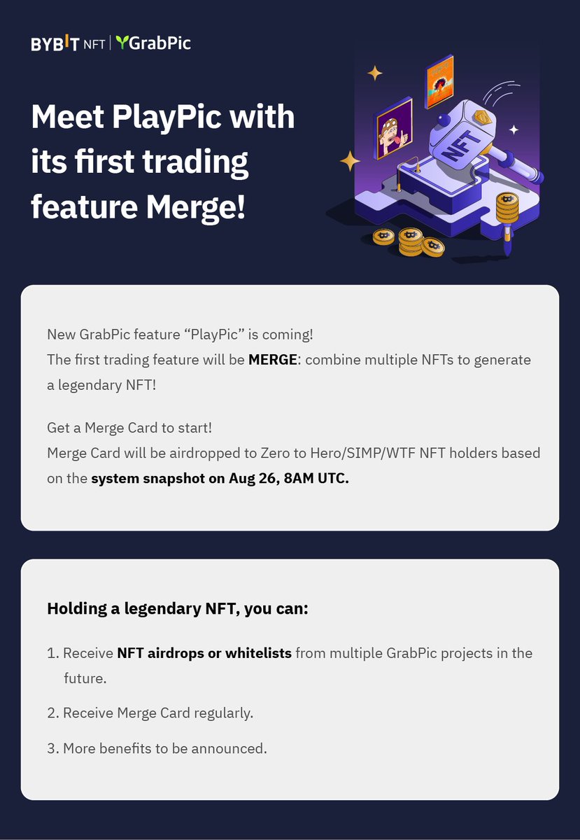 Bybit_NFT's tweet photo. 📢Officially announce #PlayPic on #GrabPic with its first trading feature Merge!
😍To access, you need a Merge Card which will be airdropped to #zerotohero/SIMP/WTF NFT holders based on the system snapshot on Aug 26, 8AM UTC.
👇Check out the poster to learn more about Merge! https://t.co/yX7VwixKYd