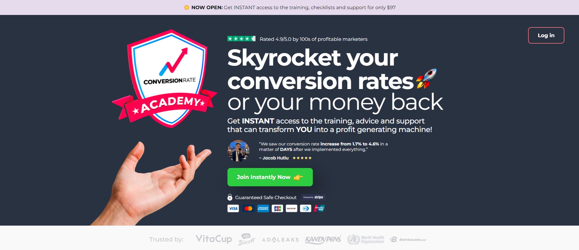 1) Above the Fold

trust - ratings at the top, trusted companies at the bottom, payment processors u