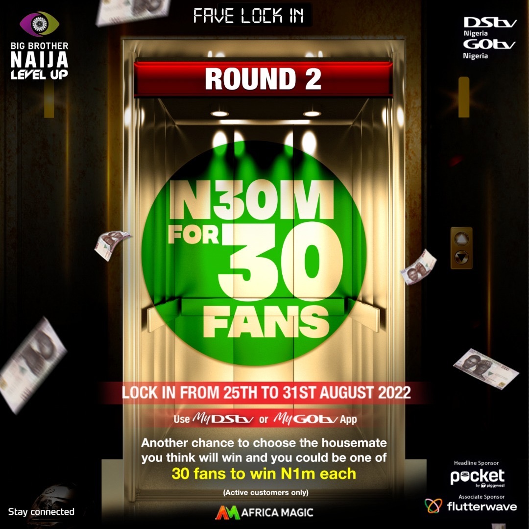 BBNaija's tweet photo. Which Housemate do you think will win #BBNaija Level Up? 

It's round 2 of Fave Lock In and 30 of you stand a chance to win N1m each. 

Lock your fave in on these apps: 

DStv: https://t.co/rlQOk9HyHO
GOtv: https://t.co/Tu6YpLh4j2 https://t.co/r3VCau3Q32