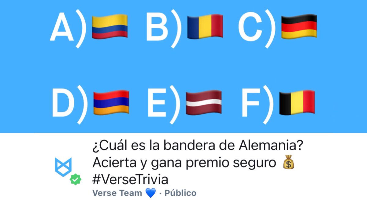 kellyynaaa's tweet photo. Participa, acierta y fijo que te llevas un dinero! #VerseEvent
Activo hasta el 26/08/2022 a las 15:00
👉🏽 https://t.co/1RvlNEv6ND

Trivia los martes, jueves y domingos.
Gana 5€ con el código: J6HWGV (perfil > introduce código de promo)

#bandera #JUEGO #Trivia #dinero #premio #ad https://t.co/caOSuiLvce