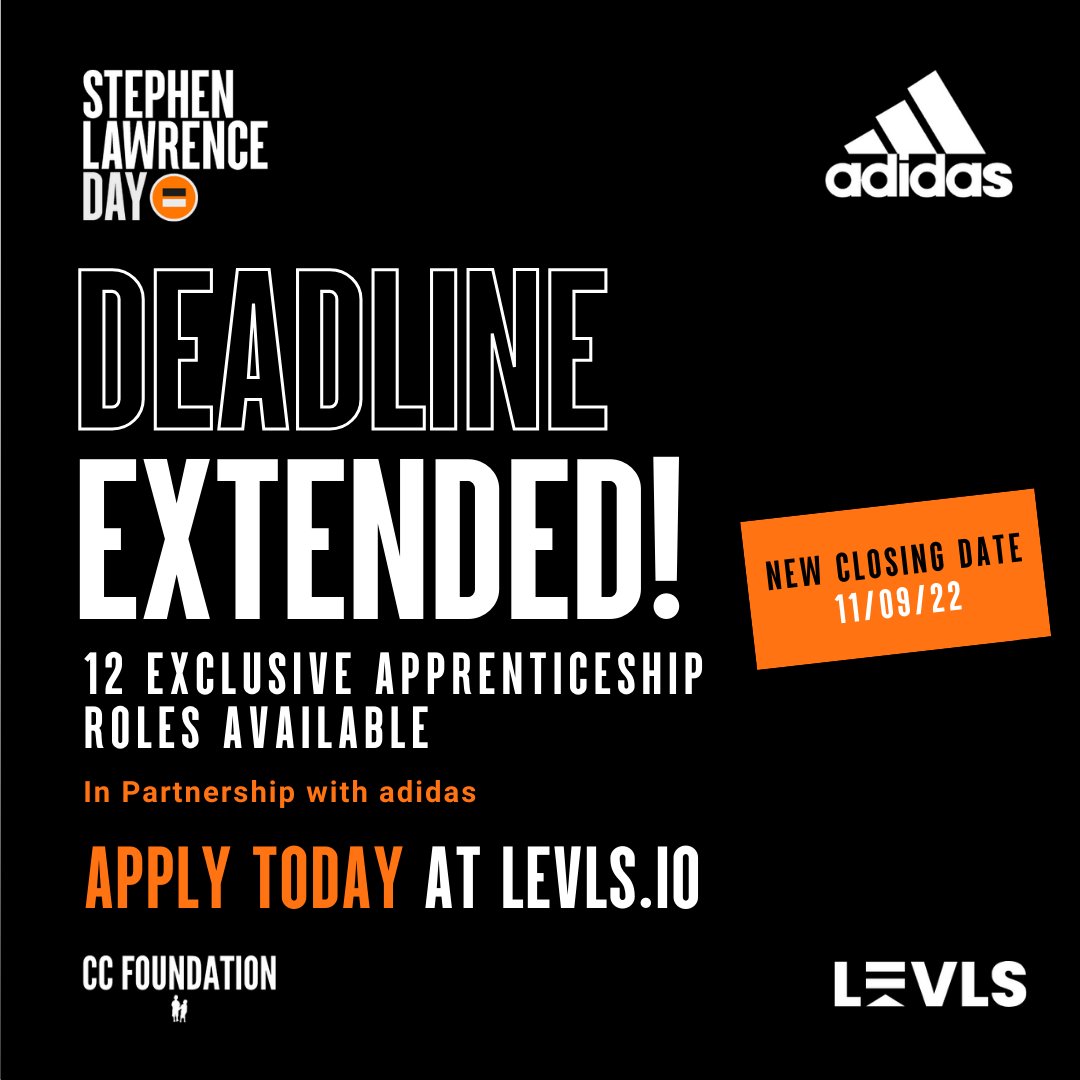 By popular demand and in consideration of those expecting their exam results this week, we have extended the deadline for applications for our adidas apprenticeships until midnight on Sunday 11th September. 

 Don't miss out! Visit LEVLS.IO today to apply.