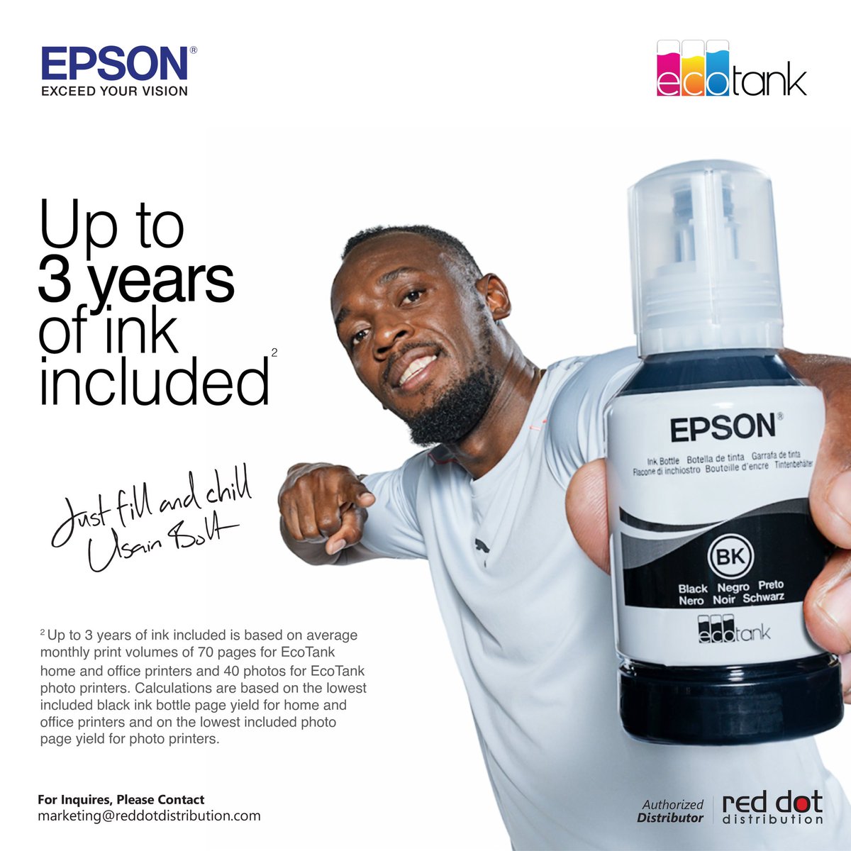 With up to 3 years of ink included, EPSON’s EcoTank Printer range comes with a ridiculous amount of ink so you can print all want while saving money and leaving behind Zero cartridge waste with cutting-edge high-capacity ink tanks. 

Printing has never been this good.