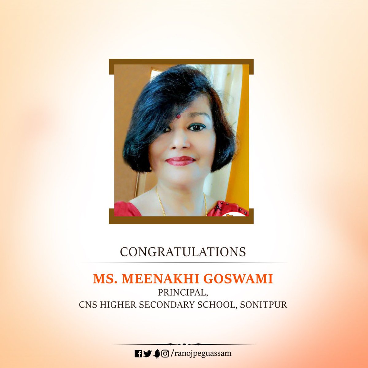 ranojpeguassam's tweet photo. Heartiest Congratulations to Ms. Meenakhi Goswami, Principal, CNS Higher Secondary School, Sonitpur, for being selected for the #NationalTeacherAward2022. @himantabiswa @CMOfficeAssam @mygovassam https://t.co/D6o0toqYcH