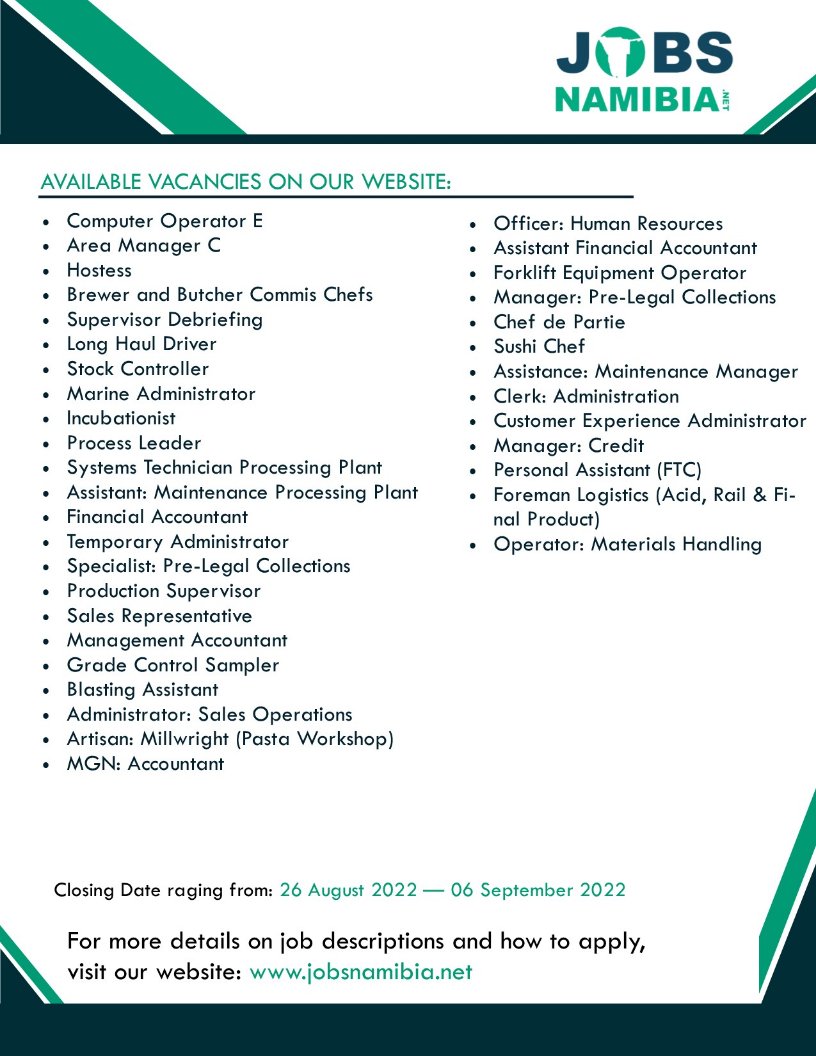 jobs_namibia's tweet photo. We just uploaded around 35+ opening vacancies on our website: https://t.co/EWroMv9tlv

Closing Date Ranging from: 26 August 2022 - 06 September 2022

For More Details on Job Descriptions and How to Apply, visit: https://t.co/EWroMv9tlv
 
Share 

#Vacancies #jobs #jobsinnamibia https://t.co/2wEvErGXbG