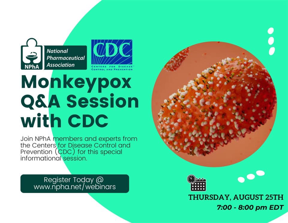 DrACR24's tweet photo. #NPhA, #SNPhA, #NMA, #SNMA

Join @NPhAPharmacy and @CDCgov for a robust #Monkeypox Q&amp;A Session.

#RegisterNow #VaccineAccess #HealthEquity #TreatmentAccess

https://t.co/oDENtKkbRW

@SNMA @SNPhA @NationalMedAssn https://t.co/5UsrKLY9PR