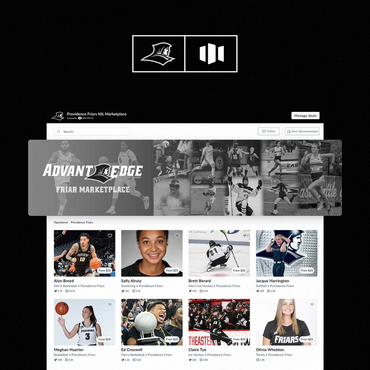 PCAthletics's tweet photo. Introducing the 𝘼𝙙𝙫𝙖𝙣𝙩𝙀𝙙𝙜𝙚 𝙁𝙧𝙞𝙖𝙧 𝙈𝙖𝙧𝙠𝙚𝙩𝙥𝙡𝙖𝙘𝙚, powered by @opendorse
Fans, brands and sponsors now have the ability to browse, pitch, book and pay any Friar student-athlete for NIL activities in one compliant platform.
⚫️⚪️https://t.co/xGrNQGcUez https://t.co/DbbcqO0CS6