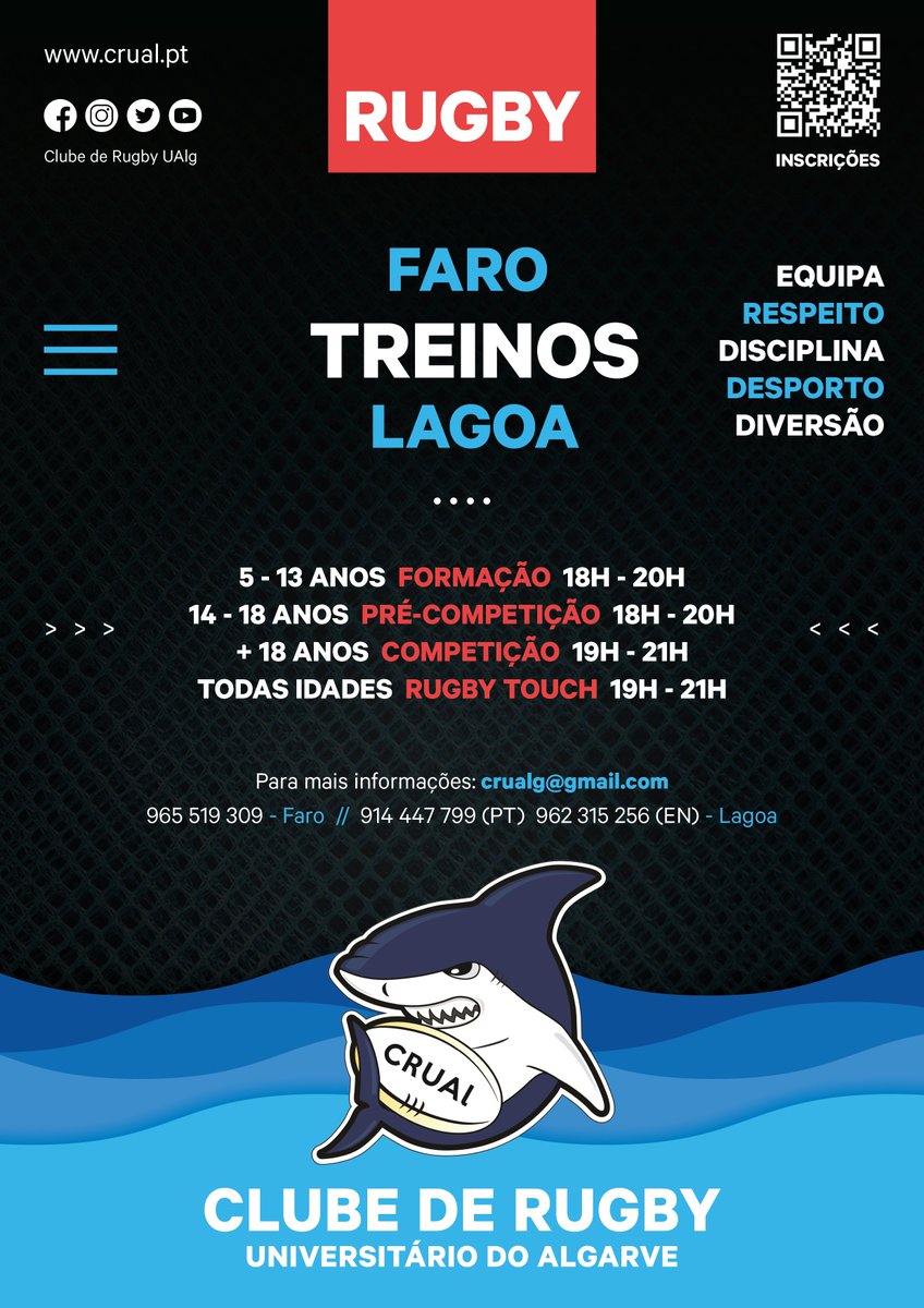 Inscrições RUGBY época 2022/2023 estão abertas
Qualquer informação contacte-nos
📞 Faro(Olhão/SBrás)
📞 Lagoa(Portimão/Silves)
Não deixe de fazer o registo
forms.gle/Y4we9B4gnvRoQV…
Prática de Rugby de crianças a adultos
Para todos os tamanhos. formas e feitios
#crual #rugbyalgarve