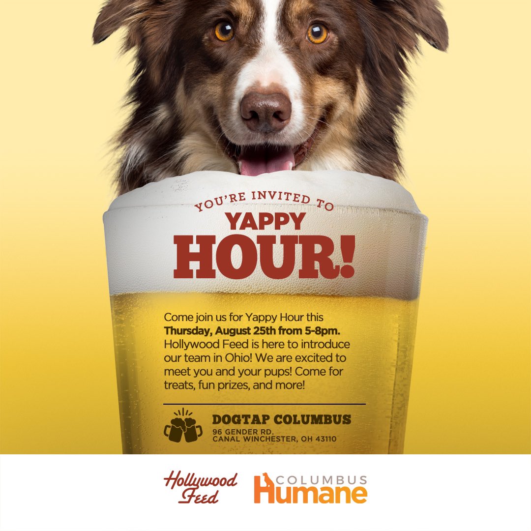 Are you in the Columbus area? Make sure to come join us and our friends at <a href="/columbushumane/">Columbus Humane</a> for Yappy hour tonight at <a href="/BrewDogUSA/">BrewDog USA</a> ! We can’t wait to meet you and your pets!