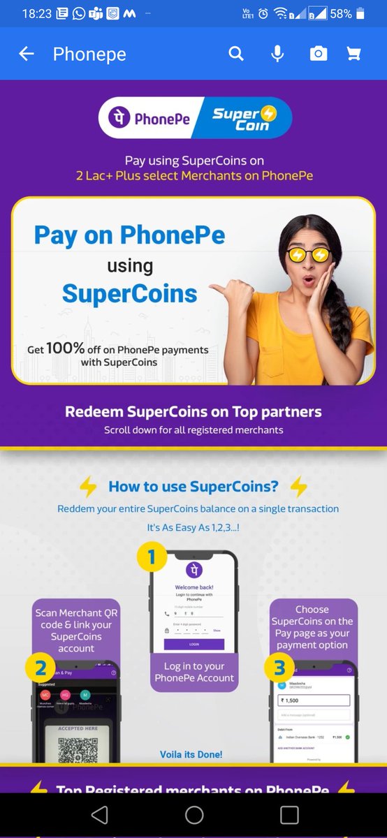 BeNoOne_'s tweet photo. @PhonePeSupport But can you please show me where it is mentioned. It's a crime if you loot customer without mentioning it. When I paid it was shown that 1 supercoin is equal to ₹1 and FYI even in  below screenshots it shows 100% https://t.co/bcKmIhFH4n