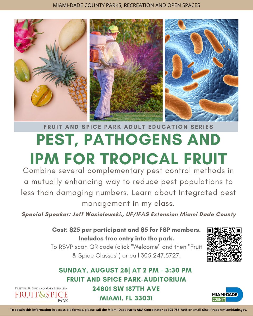 MiamiUrbanHort's tweet photo. This Sunday:
Learn about the latest in Pest Management for Tropical Fruit at @fruitnspice with guest speaker @sflhort, UF/IFAS Extension Miami-Dade County Tropical Fruit Specialist. Call (305)247-5727 to register.
In collaboration with @miamidadeparks
#LiveAParksLife https://t.co/1TSpa8Vlrn