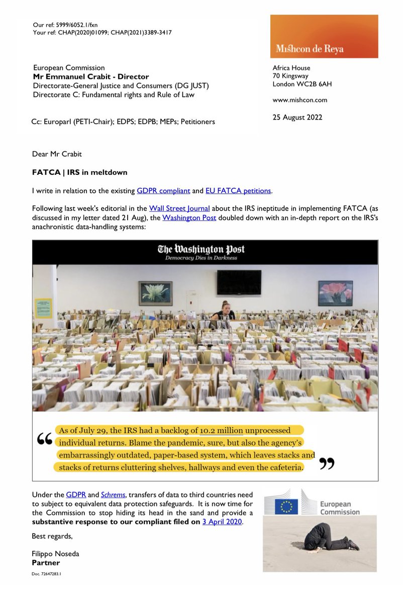CrossBriton's tweet photo. When will @EU_Commission @EU_EDPB stop messing about? Today’s letter👇🏻SMH #FATCA #DataBreach @helenburggraf @crampell @WSJopinion @NeilAWeinberg @davidvoreacos @mradamtaylor @SophieintVeld @JetyourPA @Mishcon_de_Reya @MikeCrapo @RonWyden @USAccidental @tobyburns1 @RobertGoulder https://t.co/VeblNDUX5a