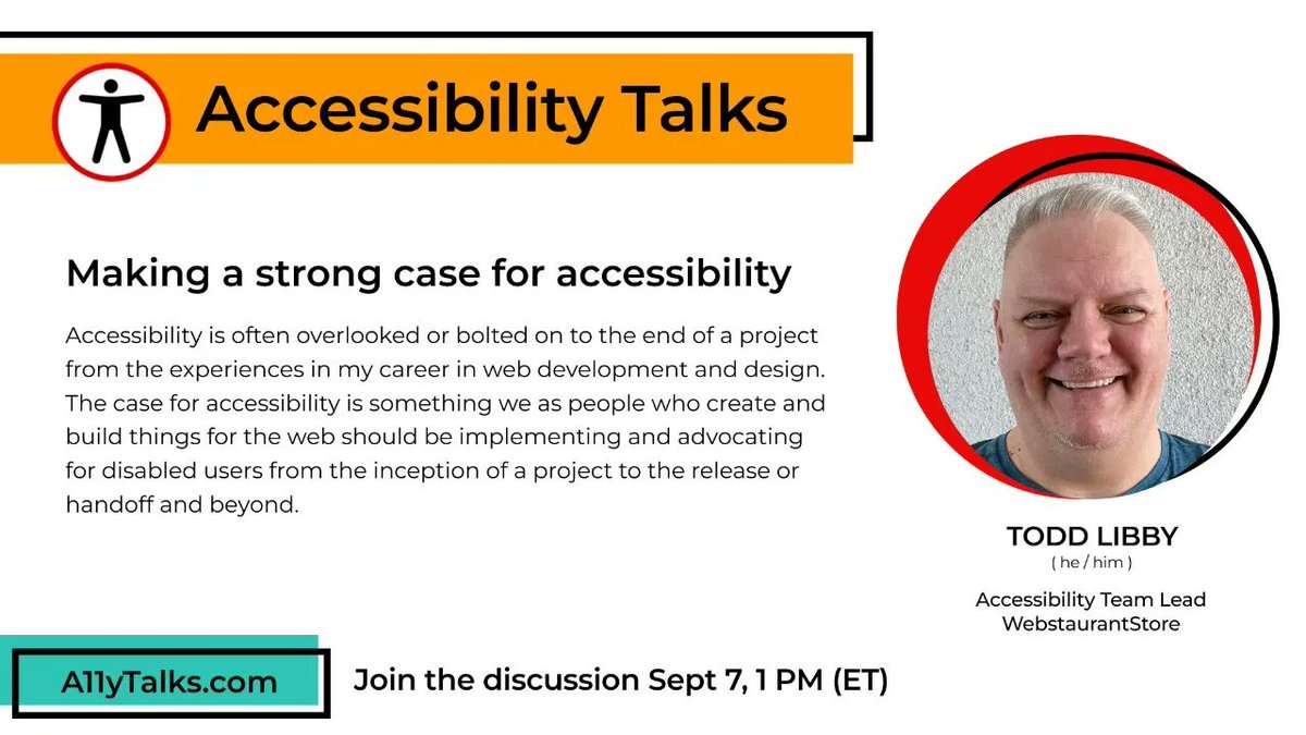 A11YTalks's tweet photo. Coming in September: “Making a strong case for accessibility” with @toddlibby. He will discuss implementing and advocating for disabled users from the inception of a project and beyond.. #A11y #A11yTalks #Accessibility

Sep 7, 2022, 1pm ET
https://t.co/4rsM2e0Eo5 https://t.co/MpPf1FRf22