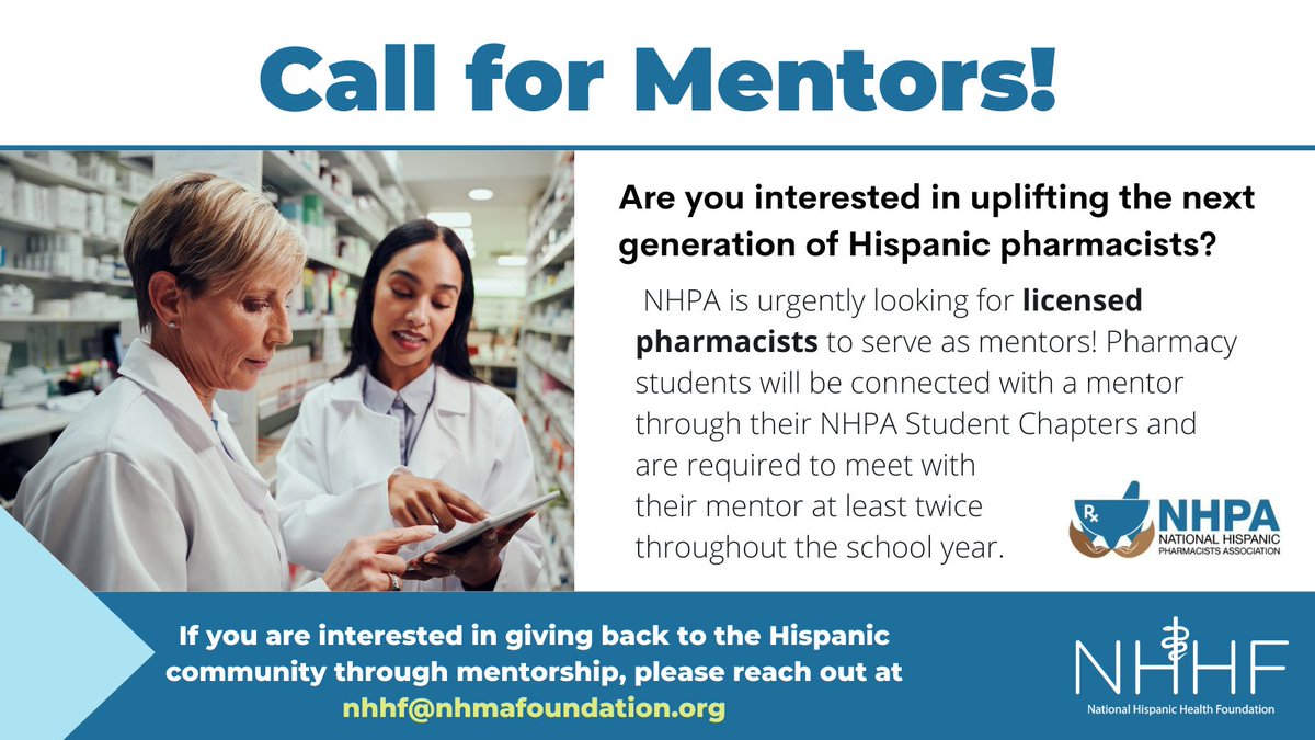 NHPharmacists's tweet photo. Are you interested in uplifting the next generation of Hispanic pharmacists? Please consider joining this mentorship program! Contact nhhf@nhmafoundation.org for details. https://t.co/LCoHgdakLV